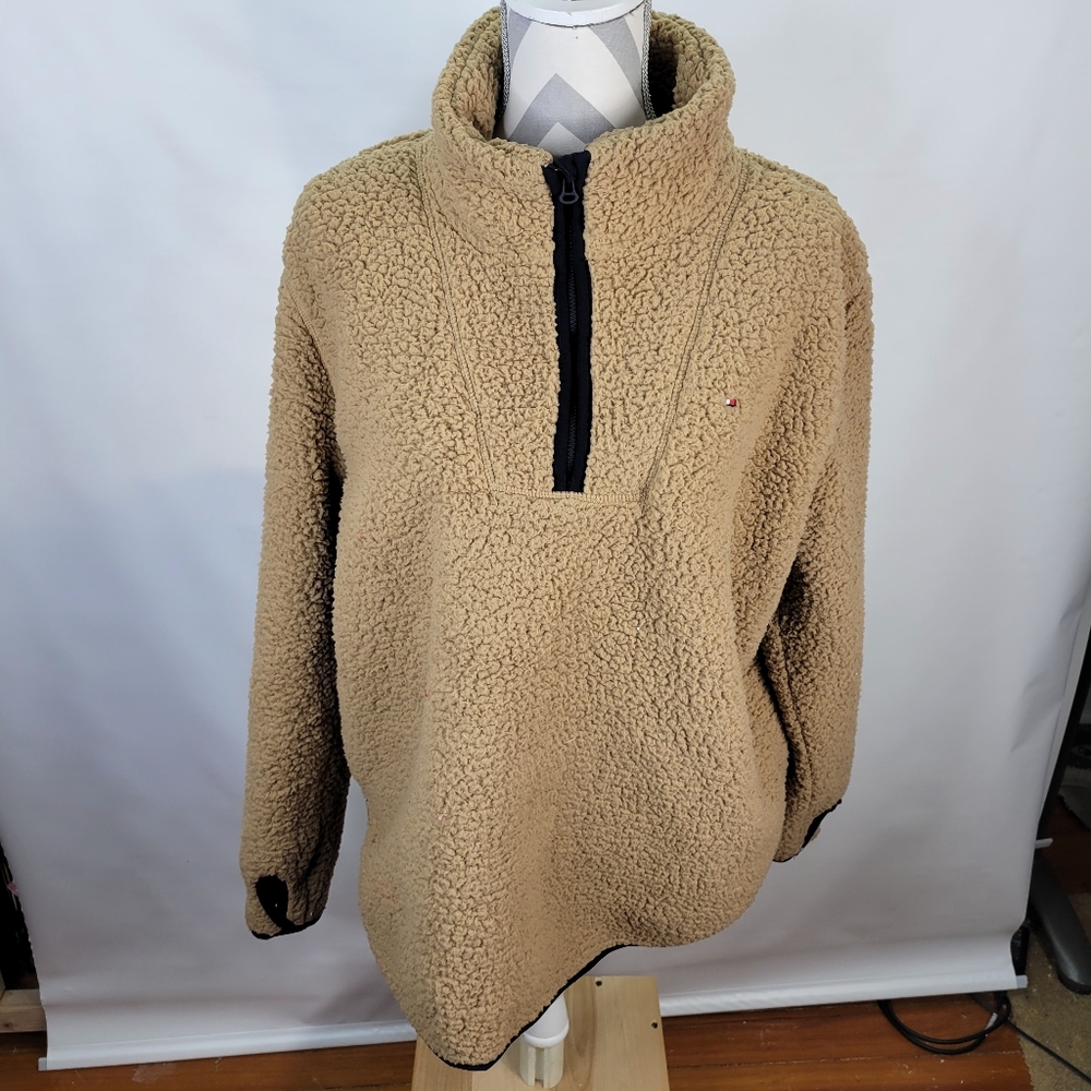 Tommy Hilfiger Womans Faux Fur Sherpa 1/4 Zip Jacket Size Large Tan Black